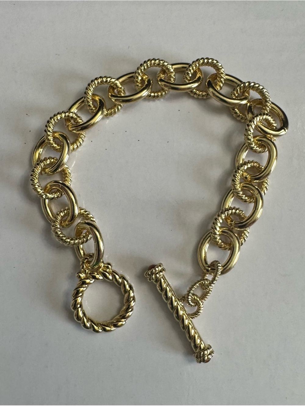 Judith Ripka SS Gold Textured Link Toggle Bracelet w/Peridot Gem Clasp - Picture 7 of 11